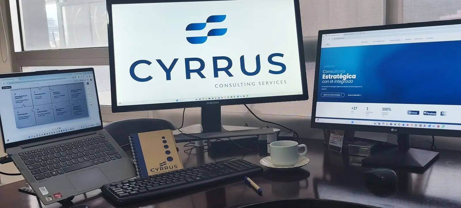 Escritorio con monitores mostrando la plataforma de Cyrrus